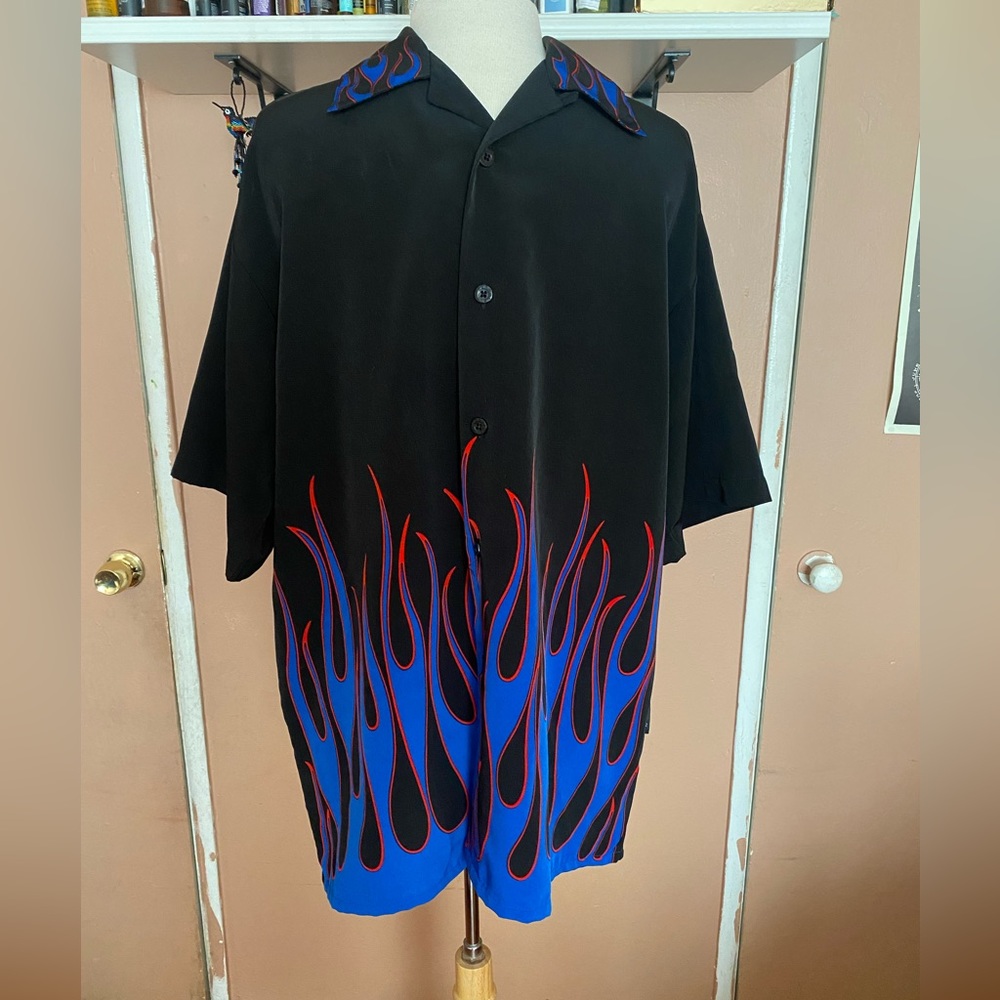 Y2K Dragonfly clothing blue flames button up